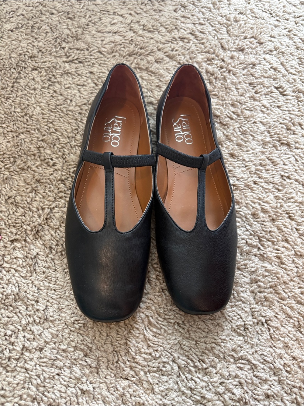 Franco Sarto Black T-Strap Leather Flats